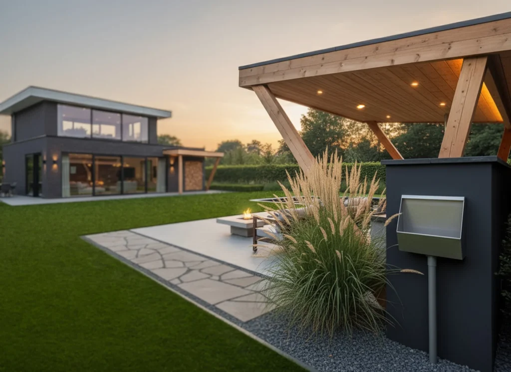 Sfeerafbeelding van een RVS tuinurinoir in een achtertuin